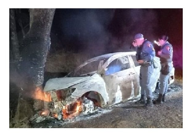 Após bater em árvore, Corolla pega fogo e fica destruído em MT