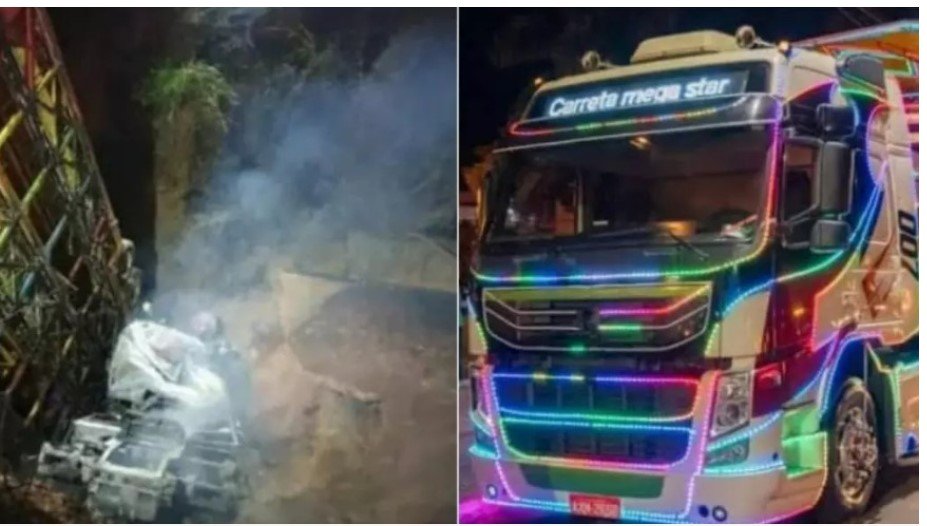 Carreta Furacão cai de barranco e duas pessoas morrem carbonizadas