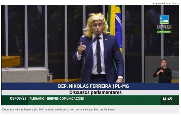 No Dia da Mulher, Nikolas discursa de peruca na tribuna da Câmara: ‘Deputada Nicole’