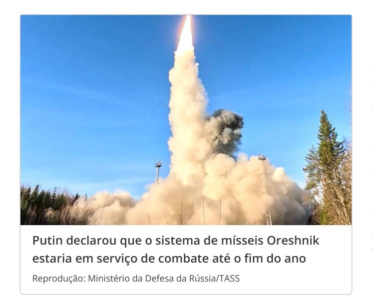 Rússia diz que mísseis Oreshnik, com capacidade nuclear, entraram em serviço ativo