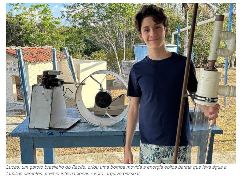 Garoto brasileiro cria bomba eólica barata para levar água a famílias do Nordeste e ganha prêmios