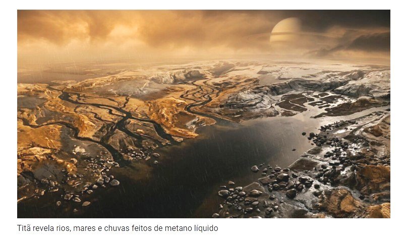 Titã, a maior lua de Saturno, possui rios, lagos e um ciclo hidrológico lento, assim como a Terra, mas cada gota é metano líquido e coberta por gelo