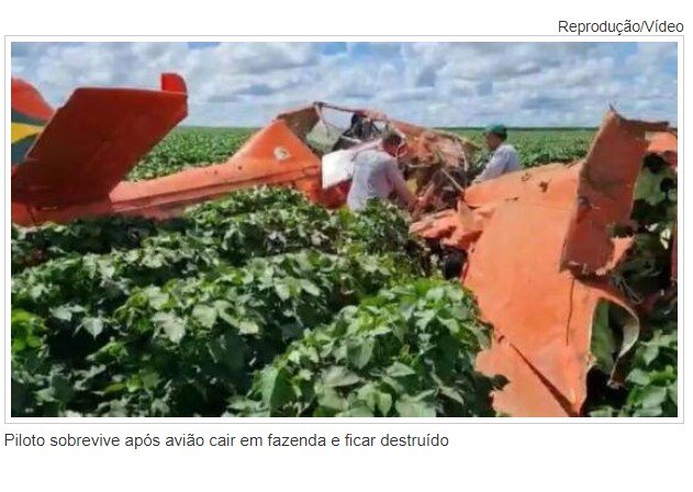 Piloto sobrevive após avião cair em fazenda e ficar destruído