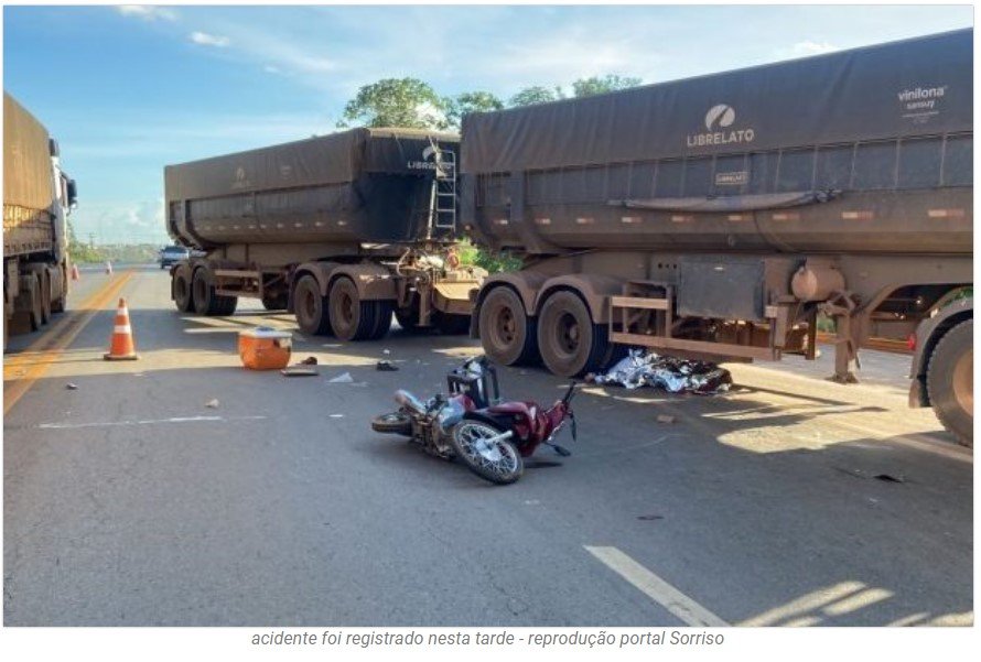 Motociclista morre esmagado por carreta na BR-163 em Sorriso