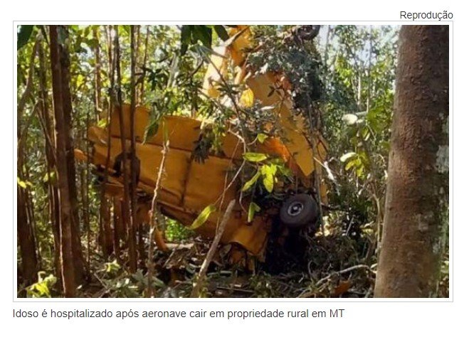 Idoso é hospitalizado após aeronave cair em propriedade rural em MT