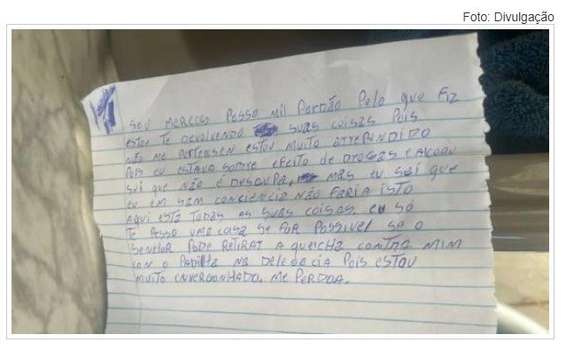 Ladrão devolve objetos furtados de loja e manda carta pedindo perdão ao dono em MT: 'muito arrependido'