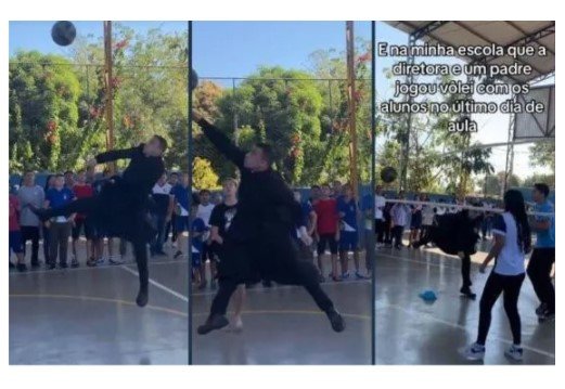 Padre viraliza após jogar vôlei de batina em escola em MT