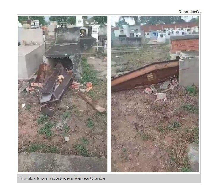 Criminosos invadem cemitério, violam túmulos e furtam ossadas em cidade de MT