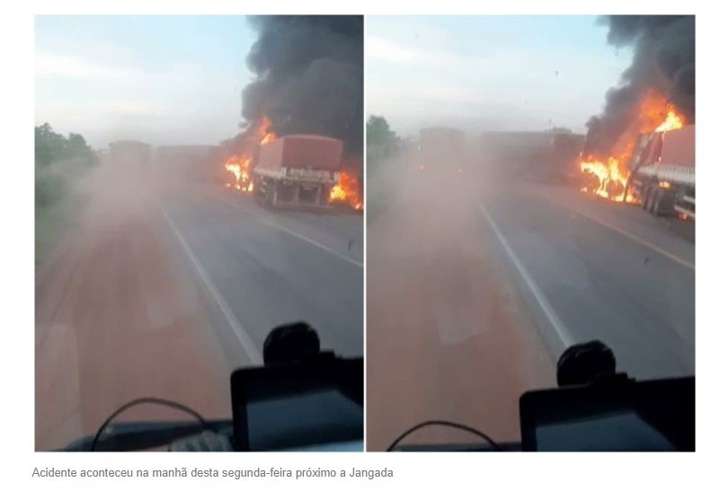 Carretas colidem de frente e motorista morre após veículos pegarem fogo na rodovia BR-364; vídeo
