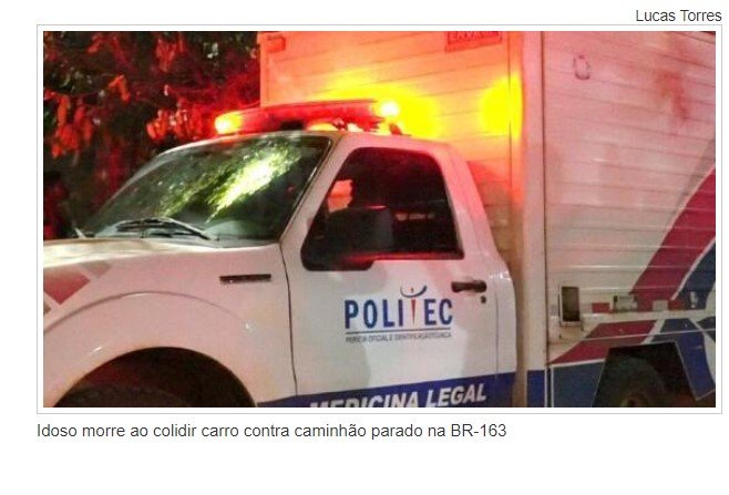 Idoso morre ao colidir carro contra caminhão parado na BR-163