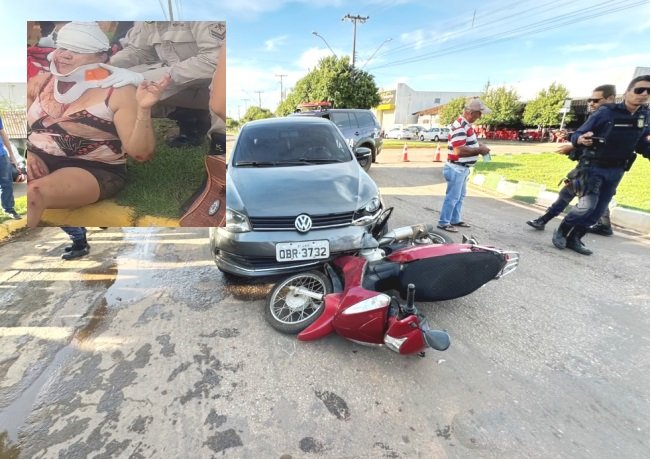 COLÍDER: Mulher sofre grave acidente dentro da rotatória do Bar do Maranhão centro da cidade, ambos não tinham CNH. (Vídeo)