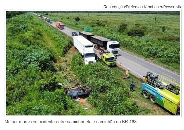Mulher morre em acidente entre caminhonete e caminhão na BR-163