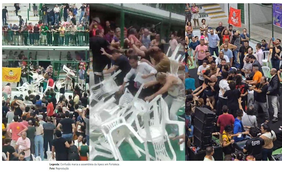 Confusão e cadeiras arremessadas marcam assembleia de sindicato de professores no CE; veja vídeo