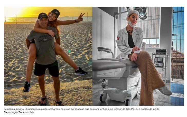 Após pedido do pai, médica não embarca em avião que caiu em Vinhedo
