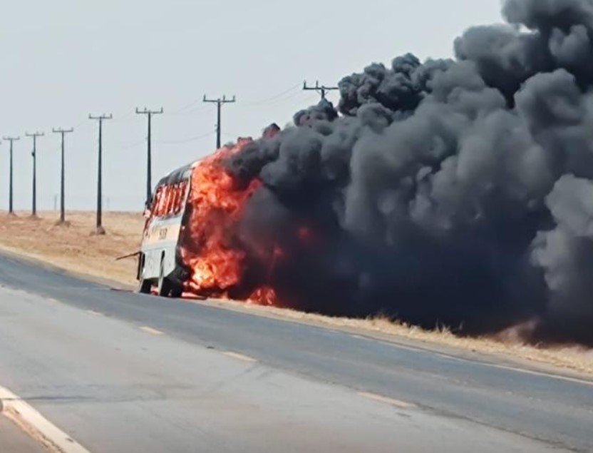 Ônibus escolar é destruído pelo fogo em rodovia estadual