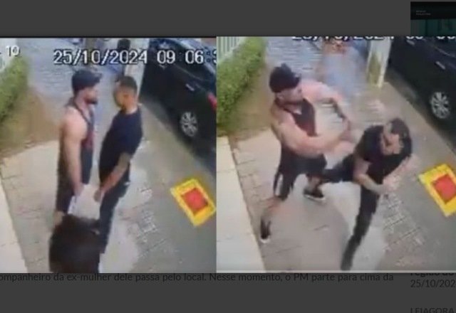 Vídeo | Câmera de segurança flagra momento exato em que PM agride marido de sua ex-mulher
