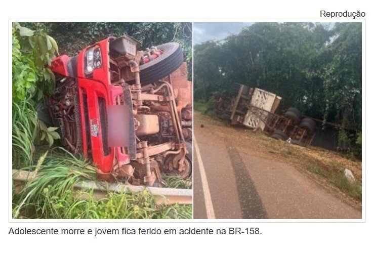 Adolescente morre e jovem fica ferido em acidente na BR-158