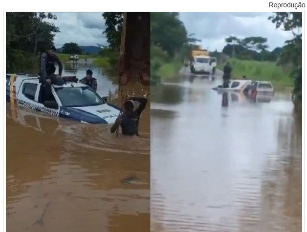 Viatura da PM fica submersa ao tentar atravessar enchente no interior