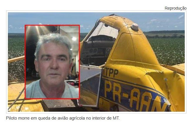 Piloto morre em queda de avião agrícola no interior de MT