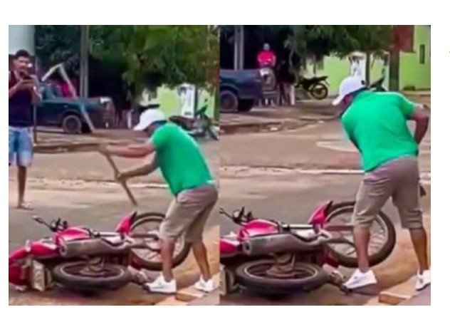 Vídeo flagra homem quebrando moto com enxada após acidente e briga em MT