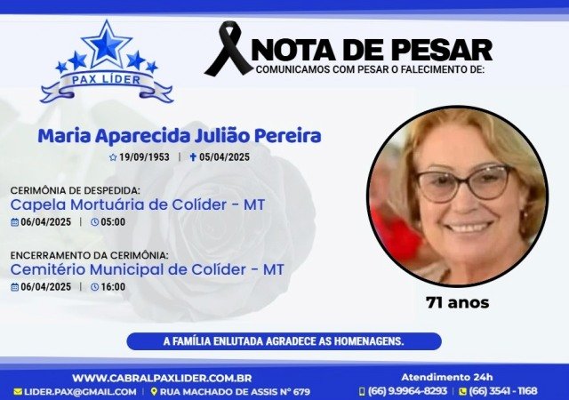 COLÍDER: O corpo de Maria Ap. Julião Pereira esta sendo velado na capela e o seu sepultamento será hoje.