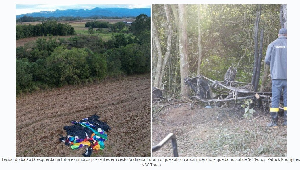 Fotos mostram local da queda e resquícios do balão que pegou fogo e deixou oito mortos em SC