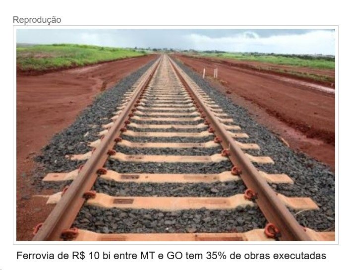 Ferrovia de R$ 10 bi entre MT e GO tem 35% de obras executadas