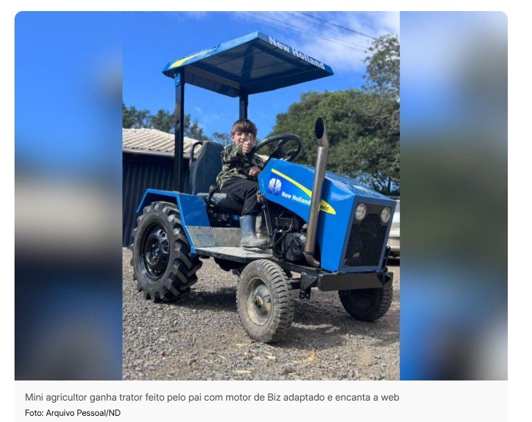 Mini agricultor ganha trator feito pelo pai com motor de Biz adaptado e encanta a web