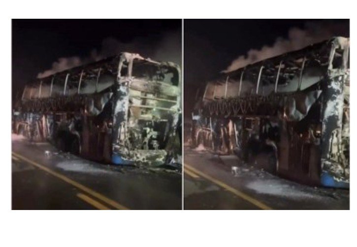 Ônibus com 40 pessoas pega fogo em rodovia de MT; veja vídeo