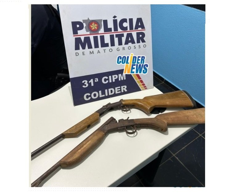 PM de Colíder apreende armas de fogo, após suspeito ter agredido esposa e fugir com bebe.