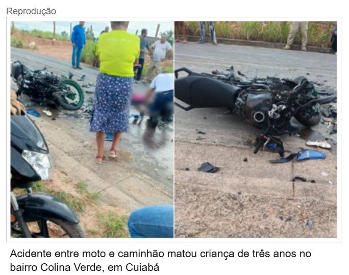 Acidente entre moto e caminhão mata menina de 3 anos em Cuiabá