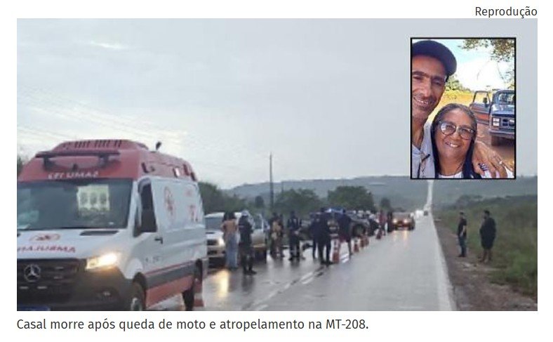 Casal morre após queda de moto e atropelamento na MT-208