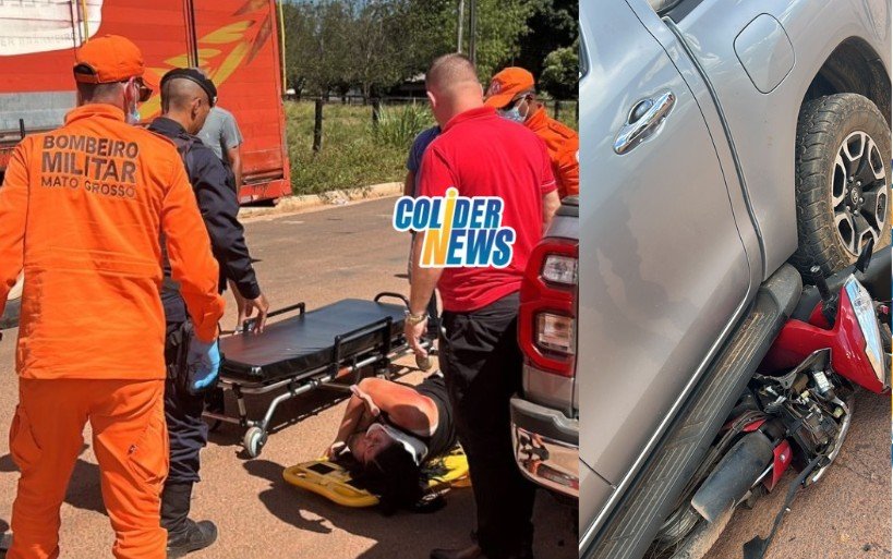 Mulher em Colíder tem moto destruída em acidente, Biz parou debaixo do veiculo. (Vídeo)