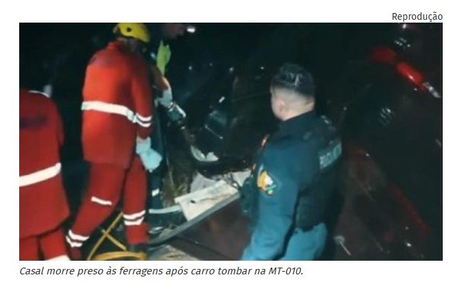 Casal morre preso às ferragens após carro tombar na MT-010