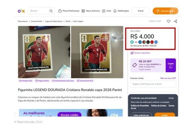 Quanto vale a figurinha do Cristiano Ronaldo da Copa do Mundo 2026? Versão lendária e quase impossível chega a custar R$ 10 mil