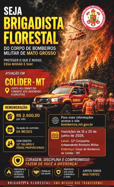 Corpo de Bombeiros abre inscrições para Brigadista Florestal em Colíder com remuneração de R$ 2,6 mil
