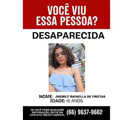 Família em Colíder busca informações sobre a adolescente Jhemily que esta desaparecida.