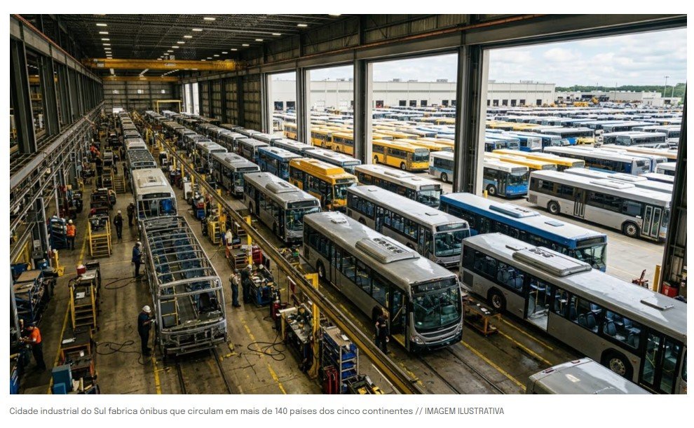 Cidade industrial do Sul fabrica ônibus que circulam em mais de 140 países dos cinco continentes