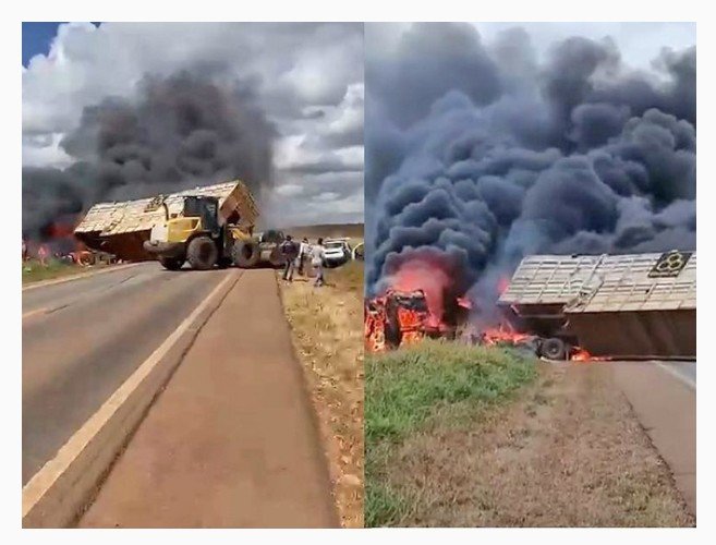 Batida entre carretas, caminhonete e viatura deixa dois mortos em cidade de MT; VÍDEO