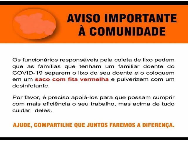 Nota publicada em grupos de rede sociais pedem um cuidado especial no lixo de pessoas contaminadas pelo COVID.
