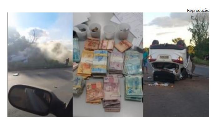 Bandidos capotam carro e esquecem mais de R$ 22 mil na fuga; veja o vídeo