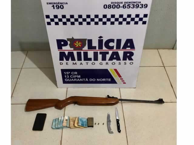 Marido fica bastante ferido ao agredir esposa em Guarantã, e policiais apreendem arma de fogo do mesmo.