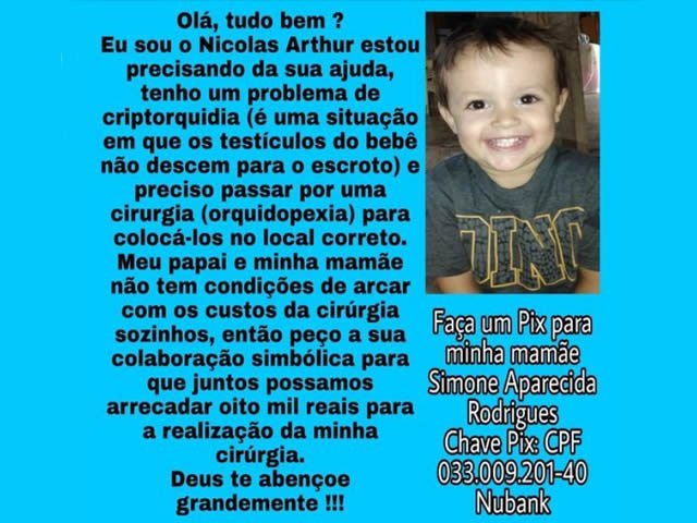 URGENTE: Bebe Colidense de 01 ano e 7 meses precisa de sua ajuda para fazer uma cirurgia para não se tornar estéril.