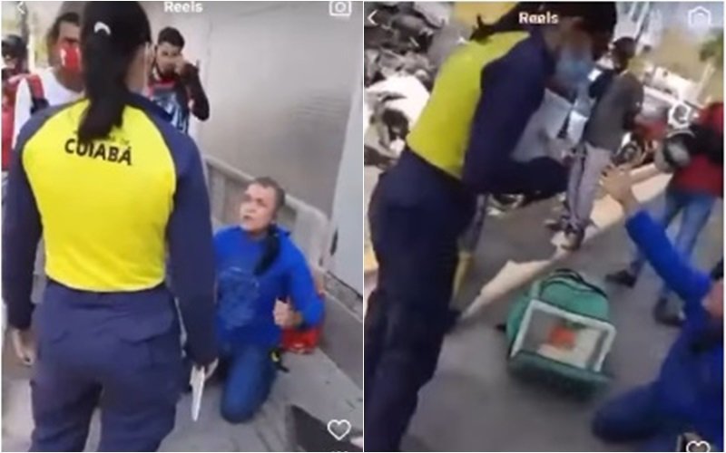 Entregador ajoelha e implora para não ter moto levada por ‘amarelinhos’