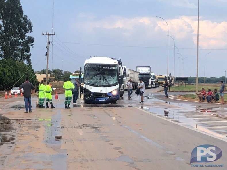 Veículo bate em poste e ônibus colide na traseira de carreta na BR 163