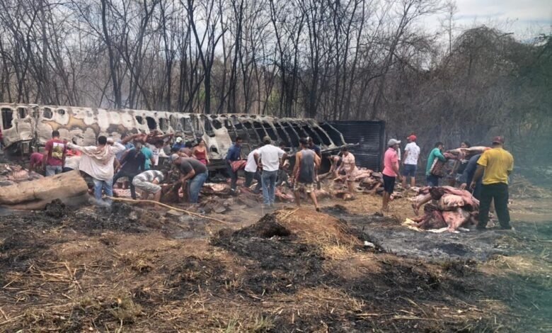 Carreta que transportava carne tomba e carga é saqueada