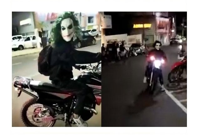 Com máscara do Coringa, motociclista empina por ruas da cidade de MT