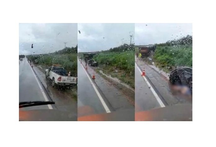 Uma pessoa morre e outra fica ferida em grave acidente entre carro e carreta na BR-163