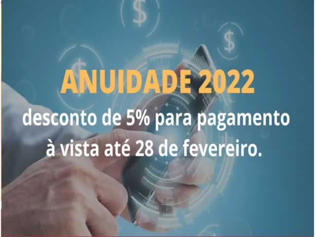 Anuidade 2022 tem desconto de 5% para pagamento à vista até 28 de fevereiro