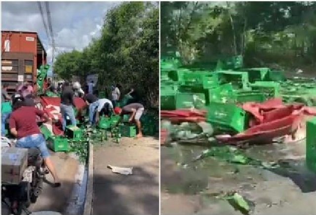 Caminhão derruba caixas de cerveja e é saqueado